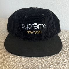 Supreme Corduroy Hat With Suede Brim. New Never Worn Trendy Flat Bill Hat For Winter, Trendy Winter Flat Bill Hat, Trendy Flat Bill Winter Hats, Black Snapback Hat For Fall, Corduroy Hat With Curved Brim For Streetwear, Winter Snapback Hat For Streetwear, Casual Black Corduroy Hat, Winter Corduroy Hat For Streetwear, Flat Bill Corduroy Hats For Winter