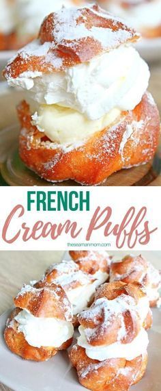 french cream puffs with powdered sugar on top and in the middle, sitting on a plate