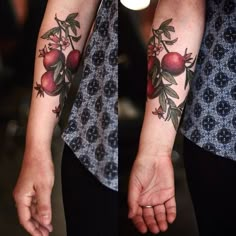 two pictures of the same person holding hands with tattoos on their arms, both showing different designs