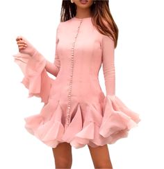 BORRINE Bodycon Dress Scandi Style Fashion, Cute Crew Neck, Short Pink Dress, Little Pink Dress, Godet Dress, Fall Pink, White Long Sleeves, Occasion Outfit, Party Mini Dress