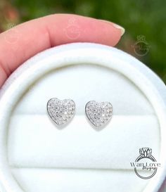 Heart Pave Earrings Moissanite White Gold Pave Pillow Puff Dome, Custom, Wedding, Anniversary Gift, Ready to Ship. Makes the perfect Anniversary gift, Wedding gift, Mothers Day gift, Birthday gift, Holiday gift or just to say I Love You gift!! ~Details~ Metal-10k White Gold Size-8mm x 7.75mm ~Gems~ Type-Moissanite Weight-.55ct (approx) Color-DEF Clarity-VS Cut (shape)-Round Includes *********** ♦Your Design Created Just to your Specifications, Exactly as ordered ♦Gift Box Customization ********* Valentine's Day Diamond Heart Earrings With Round Cut, Heart-shaped 14k Gold Diamond Earrings Gift, Heart-shaped Diamond Earrings For Valentine's Day Anniversary, Valentine's Day Heart-shaped Diamond Earrings With Accents, Sterling Silver Heart-shaped Diamond Earrings For Valentine's Day, Pave Necklace, Sapphire Color, Lab Created Diamonds, Blue Diamond