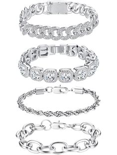 PRICES MAY VARY. Stackable Silver Chain Bracelet: Elevate your style with silver bracelet stack, a set of four dainty thick silver bracelets for women designed for versatility. This womens bracelet set includes a dazzling silver simulated diamond tennis bracelet, an iced out cuban link bracelet, a chunky oval link bracelet, and a stylish rope chain bracelet. Wear womens silver bracelets individually for a subtle touch or stack them to create a layered, trendy look. Silver Bracelet Set Materials: Gold Bracelet Stack, Chunky Silver Bracelet, Gold Layered Bracelets, Silver Bracelet Stack, Gold Bracelets Stacked, Paperclip Bracelet, Cuban Bracelet, Dainty Gold Bracelet, Womens Bracelet