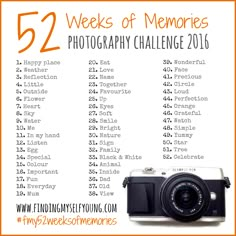 a camera with the words 52 weeks of memories photography challenge on it and an orange frame