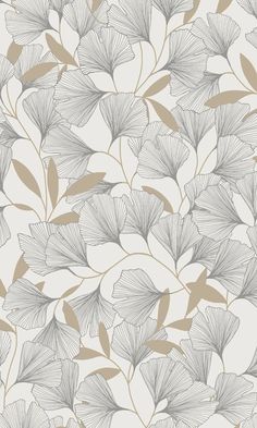 an abstract floral wallpaper design in grey and beige tones, with leaves on it