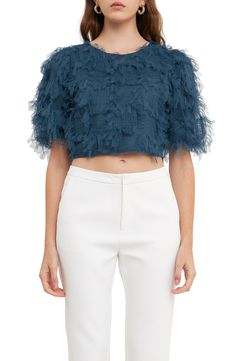 This date-night crop top features a gridded backdrop with wispy tulle designs. Back keyhole with button-and-loop closure Jewel neck Short sleeves Lined 100% polyester Hand wash, dry flat Imported Tulle Crop Top, Tulle Blouse, Resort 23, Tulle Top, Tulle Sleeves, Blouse Price, Jewel Neck, Crop Blouse, Navy Color