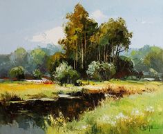 a painting of trees and water in a field