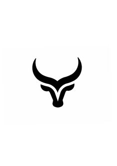 a bull's head with long horns is shown in black on a white background