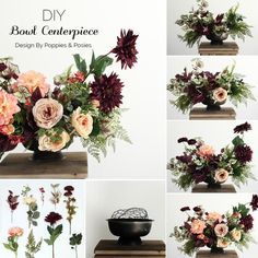 flowers are arranged in vases and placed on top of a wooden table with the words diy bowl centerpiece