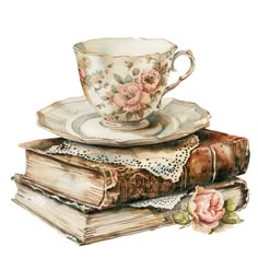 a stack of books with a cup and saucer sitting on top of each other