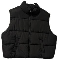 Black Vest For Cold Weather And Winter, Casual Black Winter Vest, Black Vest With Padded Collar For Fall, Black Winter Vest For Cold Weather, Black Puffer Vest For Winter, Black Vest With Padded Collar For Streetwear, Cheap Black Seamless Vest, Puffy Black Jacket, Black Winter Vest With Padded Collar