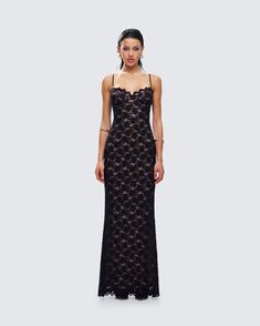 The art of seduction 😌 Everyone will be drawn to your mystery in this black lace maxi dress made from stretch lace fabric and complete with bust pads, adjustable straps, and a scalloped edge along the neckline and hem 🖤 Elegant Maxi Dress With Lace Back And Spaghetti Straps, Evening Lace Maxi Dress With Spaghetti Straps, Lace Maxi Dress With Spaghetti Straps For Prom, Evening Maxi Dress With Spaghetti Straps And Lace, Lace Maxi Dress With Spaghetti Straps For Evening, Elegant Fitted Maxi Dress With Contrast Lace, Formal Lace Back Slip Dress, Lace Maxi Dress With Sweetheart Neckline For Evening, Formal Lace Slip Dress With Lace Back