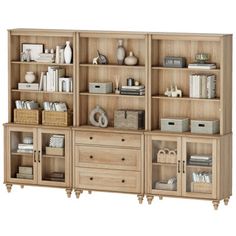 an open bookcase with drawers and baskets