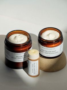 Our Best Seller Set + Bundle is here to make your decision easy! If you're new to WholeMaker Co. or interested in Tallow Skincare, this set is for you. The Prebiotic Tallow Whip is so versatile, making it our favorite (and best selling) all-purpose balm. Great as a simple everyday moisturizer, it is gentle enough for babies sensitive skin + healing for those with skin irritations like eczema + psoriasis. Use on hands, feet, elbows, skin concerns + full body. The Face Tallow Whip helps soften fine lines, scarring + evens skin tone, while helping promote collagen + cell regeneration. Apply onto clean, damp skin in the morning and/or evenings for a nourished + moisturized complexion. The Tallow Chapstick carries clean + minimal ingredients. It's moisturizing, promotes healing, repairs damaged Salve Packaging, Tallow Chapstick, Tallow Skin Care, Skincare Photos, Skin Care Design, Tallow Cream, Natural Skincare Packaging, Tallow Lotion, Tallow Recipe