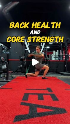 a man squats on the ground in front of a gym machine with text reading back health and core strength