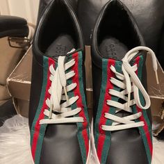 Men’s Sneaker Black,Red,Green, White Size 9 1/2 Gucci Lace-up Sneakers For Streetwear, Gucci Lace-up Sneakers, Gucci Low-top Custom Sneakers For Streetwear, Gucci Casual Sneakers For Streetwear, Casual Gucci Sneakers For Streetwear, Gucci Casual Streetwear Sneakers, Gucci Low-top Custom Sneakers For Sports, Sporty Gucci Leather Custom Sneakers, Gucci Sneakers With White Sole And Round Toe