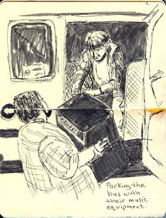 a drawing of two people sitting on an airplane looking at something in the back pocket