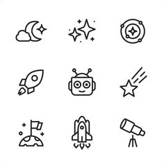 black and white line icons with stars, rockets, rocket ship and other things to see