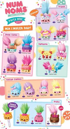 an advertisement for num noms party hair mix match hair with various colors and designs