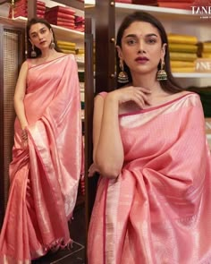 Sari Blouse Styles, Pink Silk Saree, Pink Sari, Sleeveless Blouse Saree, Aditi Rao Hydari, Indian Sari Dress, Aditi Rao, Saree Wearing Styles