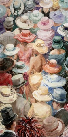 an oil painting of many different colored hats