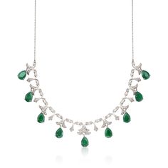 Ross-Simons - 20.00ct t. w. Emerald, .28ct t. w. Diamond Necklace in Silver. 16". Beauty on a budget! This 20.00 ct. t. w. pear-shaped emerald and .28 ct. t. w. round diamond necklace creates an elegant display glamorous enough for an appearance at a royal court or a red carpet event. Set in polished sterling silver and stationed on a rope chain with a 2" extender. Lobster clasp, diamond and emerald necklace. Emerald birthstones are the perfect gift for May birthdays. Formal White Gold Emerald Necklace With Jewels, Elegant Pear-shaped Emerald Necklace For Formal Occasions, Elegant Formal Pear-shaped Emerald Necklace, Emerald Diamond Necklace For Formal Occasions, Formal Emerald Necklace With Brilliant Cut, Elegant White Gold Emerald Necklace With Jewels, Formal White Gold Pear-shaped Emerald Necklace, Elegant White Gold Emerald Necklace, Pear-shaped Emerald Necklace For Formal Events