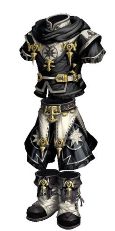 an image of a cartoon character dressed in black and white clothing with gold accents on his chest