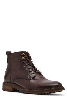 A functional lace-up system offers a customized fit on a sharp leather boot grounded by a sturdy lug sole. Lace-up style Leather upper/textile lining/rubber sole Imported Men’s Dress Boots, Men's Business Casual, Brown Fits, Mens Boots Fashion, Dress Boots, Business Casual Men, Leather Boot, Fabric Gift Bags, Lug Sole