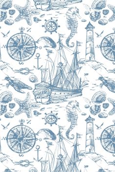 a blue and white wallpaper with ships, lighthouses and other things on it