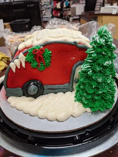 a cake decorated like a train with trees on it