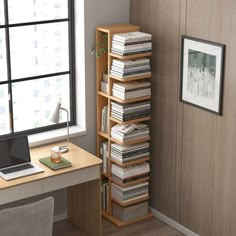 a laptop computer sitting on top of a wooden desk next to a book shelf filled with books