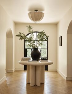 a black vase sitting on top of a table in front of a window next to a plant