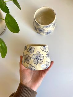 a hand holding a cup next to a potted plant on a white table top