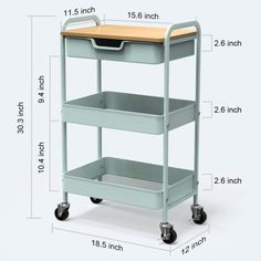 an image of a three tiered cart with wood top and bottom shelf on wheels