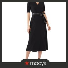 in stock Chic Black Midi Dress 3/4 Length, Black Midi Dress With 3/4 Sleeves For Office, Black Knee-length Midi Dress With Back Zipper, Black V-neck Midi Dress With Button Closure, Petite Midi Dress, Long Windows, Belted Midi Dress, Black Midi Dress, Leather Trims