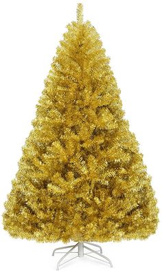 a gold tinsel christmas tree on a white background