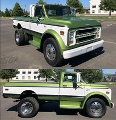 two pictures of a green and white truck