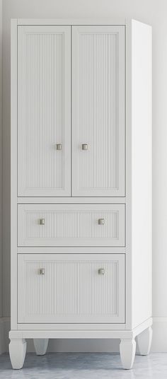 a white cabinet with two doors and three drawers on one side, against a wall