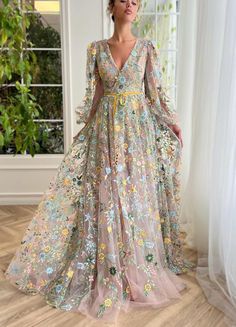 Lace Maxi Dress With Floral Embroidery For Wedding, Floor-length Tulle Gown For Garden Party, Floor-length Lace Maxi Dress With Floral Embroidery, Floral Embroidered Lace Floor-length Maxi Dress, Spring Lace Floor-length Evening Dress, Spring Floor-length Lace Evening Dress, Lace Floral Print Wedding Gown, Floor-length Floral Embellished Gown For Garden Party, Floor-length Lace Maxi Dress For Banquet