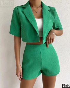 Fisdy - Cuello con solapa Waffle Knit Cropped Blazer & Conjunto de pantalón corto Blazer Shorts Set, Blazer E Short, Style Vert, Short Blouses, Printed Pleated Skirt, Crop Blazer, Blazer Set, Cropped Blazer, Blazer And Shorts