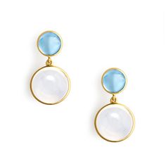 18 karat yellow gold Blue Topaz 3 carats approx. Moon Quartz 11 carats approx. Post backs for pierced ears White Gold Earrings With Gemstones, Round Cabochon Earrings In Fine Jewelry Style, White Gold Gemstone Round Earrings, Yellow Gold Gemstone Round Earrings, Timeless Blue Cabochon Jewelry, Gold Topaz Gemstone Earrings, Yellow Gold Cabochon Earrings, Yellow Gold Cabochon Drop Earrings, Yellow Gold Round Cabochon Earrings