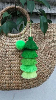 a straw bag with green tassels hanging from it's side and a plant in the background