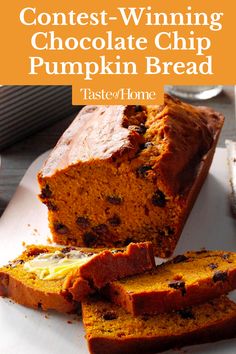 A touch of cinnamon helps blend the flavors in this tender pumpkin chocolate chip bread. And since the recipe makes two loaves, you can send one to a bake sale and keep one at home for your family to enjoy. —Lora Stanley, Bennington, Kansas #pumpkin #breadrecipes #bread #pumpkinbread #chocolate #chocolatechip Pumpkin Spice Recipes, Moist Pumpkin Bread, Healthy Bread Recipes, Chocolate Chip Bread, Pumpkin Chocolate Chip Bread, Healthy Comfort, Pumpkin Bread Recipe, Everything Pumpkin, Pumpkin Chocolate Chips