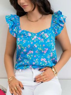 Floral Sweetheart Neck Ruffle Sleeve Top - Themasonboutique Floral Print Vacation Tops With Square Neck, Floral Print Square Neck Top For Vacation, Vacation Floral Print Top With Square Neck, Vacation Tops With Floral Print And Square Neck, Floral Print Top With Ruffled Straps For Summer, Floral Print Ruffled Straps Top For Brunch, Floral Print Tops With Ruffled Straps For Brunch, Flirty Ruffle Sleeve Tops For Spring, Blue Ruffled Square Neck Top