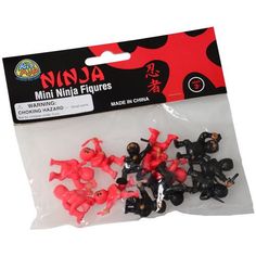 mini ninja figures in plastic bag on white background with black and red design for packaging