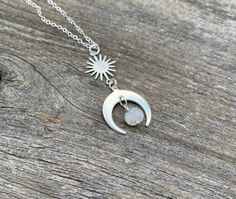 Gorgeous dainty boho witchy crescent moon and/or sun necklace. Long lasting Gold or silver plated moon/sun with natural drip moonstone bead with the chain option of your choice! Perfect for everyday wear, gifts for bohemians. Hypoallergenic nickel & lead free material -Silver plated cable chain -Silver plated satellite chain -18k Gold plated cable chain -18k Gold plated satellite chain -Sterling silver cable chain (read description below) -14k gold filled cable chain (read description below) Bohemian Moon Phase Necklace In Sterling Silver, Sterling Silver Moon Jewelry For Festivals, Sterling Silver Moon-shaped Festival Jewelry, Moon Shaped Sterling Silver Festival Jewelry, Sterling Silver Moon-shaped Jewelry For Festivals, Bohemian Sterling Silver Moon Phase Necklace, Silver Celestial Necklace For Festival, Silver Dainty Necklace For Festivals, Festival Moon Shaped Sterling Silver Jewelry