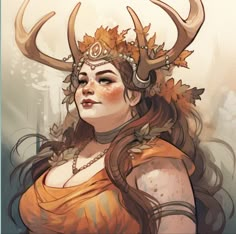 a woman with horns and leaves on her head is dressed in an orange dress while she stares into the distance