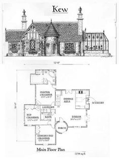 two drawings of the main floor plan and one section of the house, with measurements for each