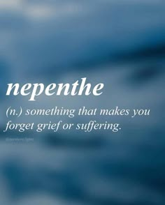 the words nepenthe are written in white on a blue background with water and clouds