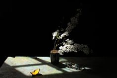 a vase filled with white flowers sitting on top of a table next to a window