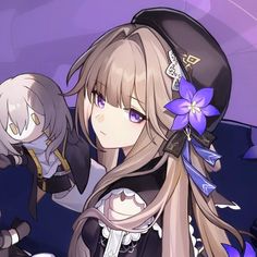 an anime character with long hair and purple flowers in her hair, standing next to another character